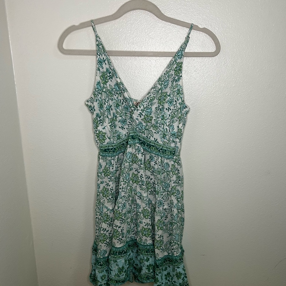 Mi Ami floral printed green and blue mini dress with cutout detail